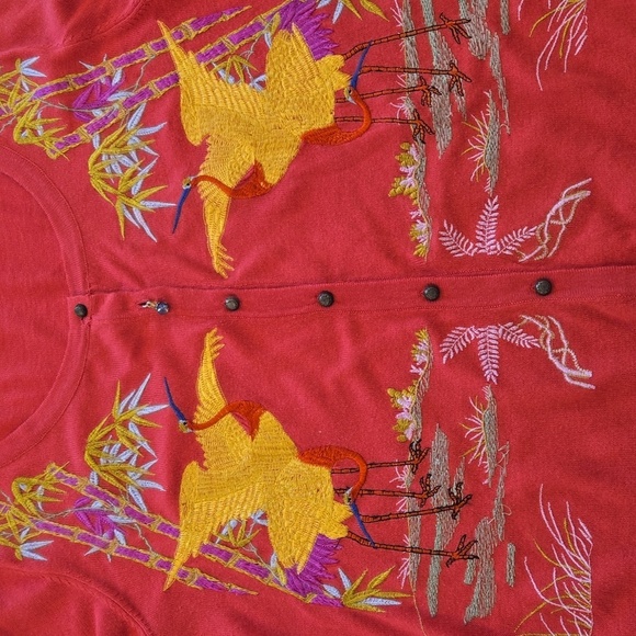 Soft Surroundings Embroidered Bird Charm Button Up Cardigan Pink Red Size Small - Picture 5 of 10